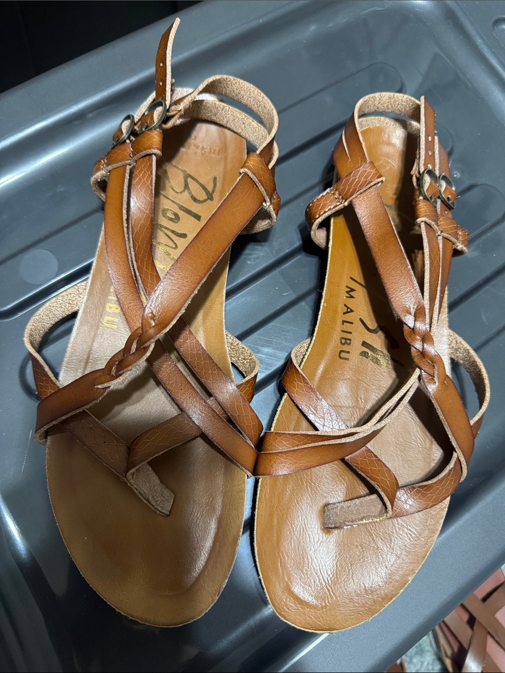Blowfish Malibu Brown Braided Leather T-Strap Sandals